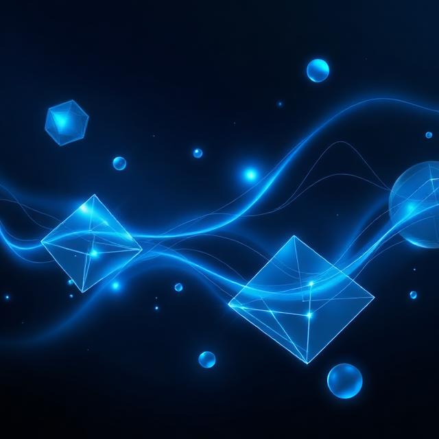 Glowing geometric forms moving along a waveform.